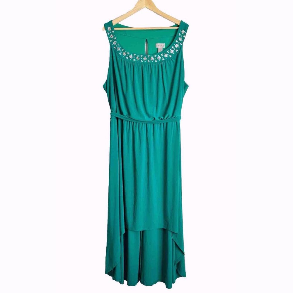 Catherines Green Sleeveless Studded Hi Lo Dress Womens 3X Vacation Glam Summer